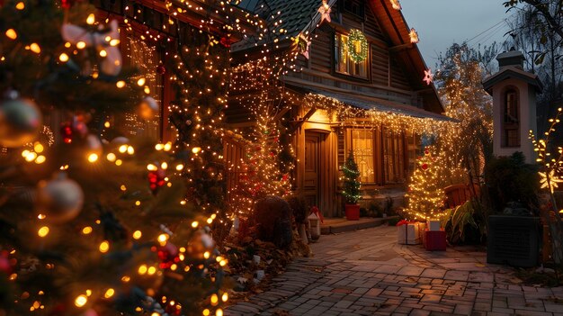 a house decorated for christmas with christmas lights and a snow covered driveway