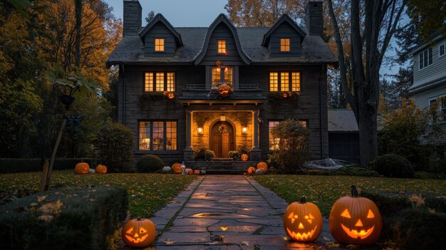 A house decorated with illuminated jackolanterns along a path for Halloween The home has a warm inviting glow from the windows and festive decorations