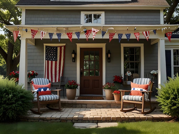 House decorated with many flags to celebrate American Independence Day