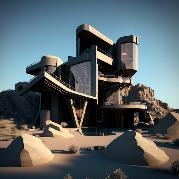 A house in the desert with a blue sky in the background.