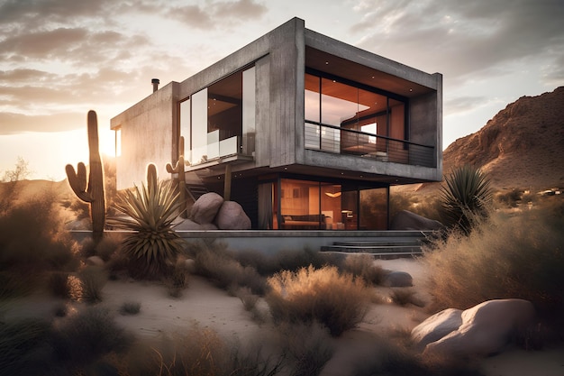 A house in the desert with a desert landscape and a cactus in the background.