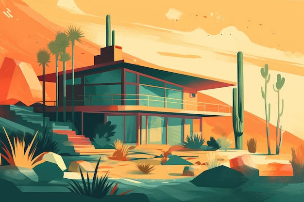 A house in the desert with a desert landscape and a cactus