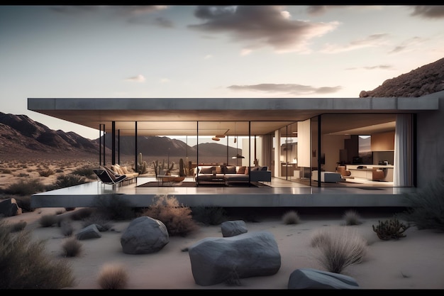 A house in the desert with a mountain in the background