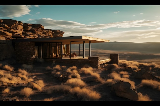 A house in the desert with a mountain in the background