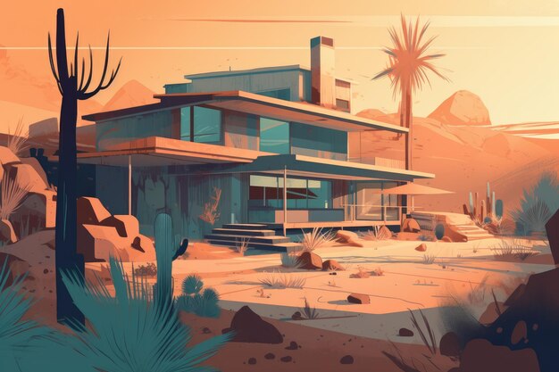 A house in the desert with palm trees and desert in the background