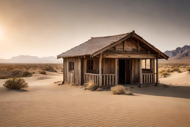 A house in the desert with the sun setting behind it