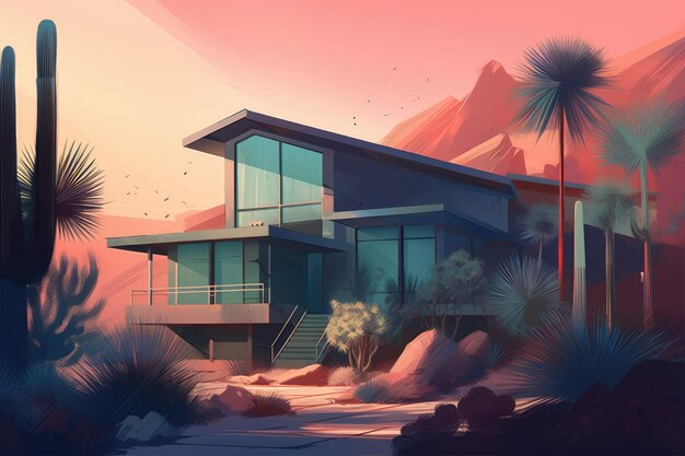 A house in the desert with a sunset in the background