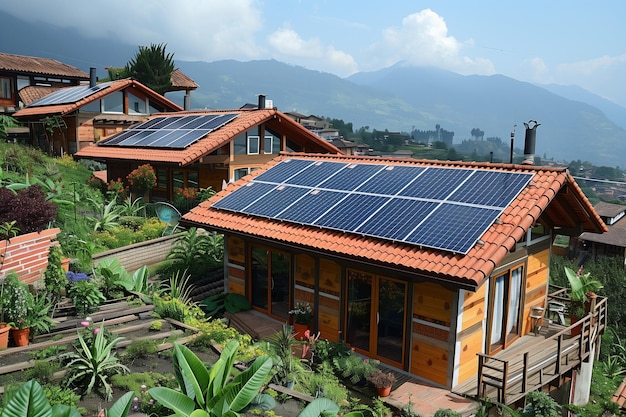 A house displaying efficient energy use with solar panels on the roof