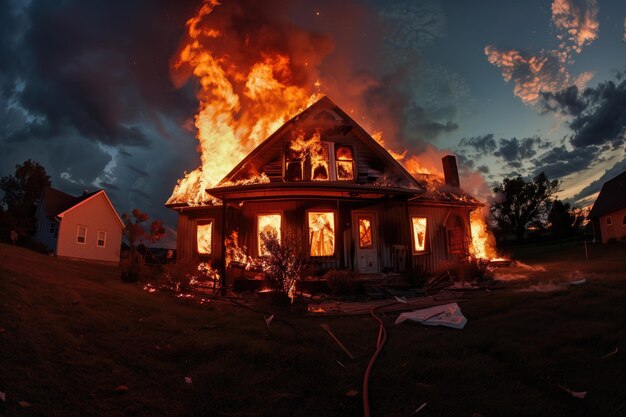 Photo house engulfed in flames during a severe fire at dusk with dramatic sky background