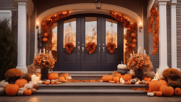 House entrance decorated for traditional autumn holidays Porch of the house decorated with pumpkins