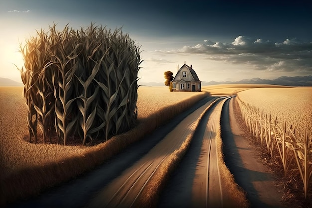 A house on a farm with a field in the background