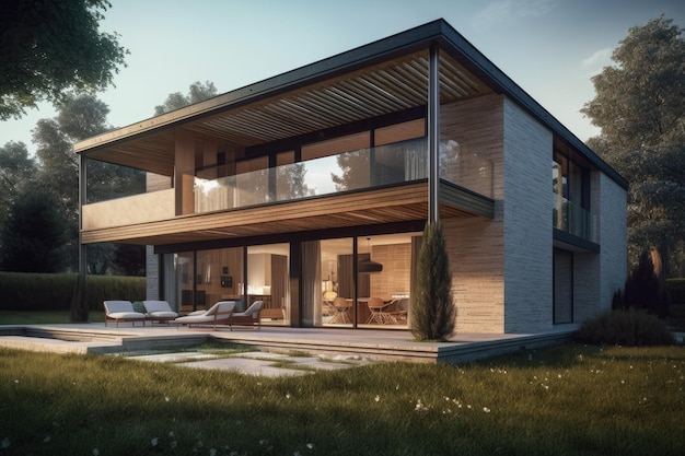 House featuring a spacious deck and a covered patio Generative AI