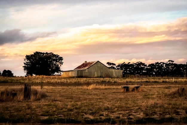 Photo house on field against sky during sunset