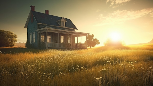 A house in a field of flowers with the sun setting behind it