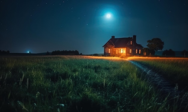 A house in a field at night with the moon in the background