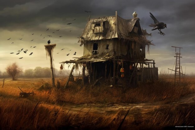 A house in a field with birds flying around it