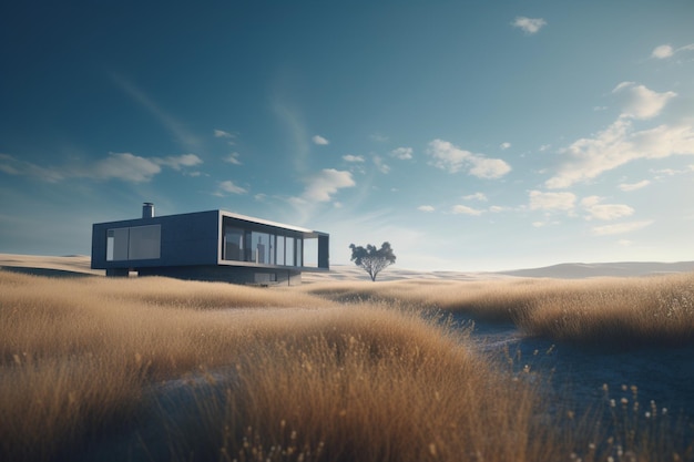 A house in a field with a blue sky in the background