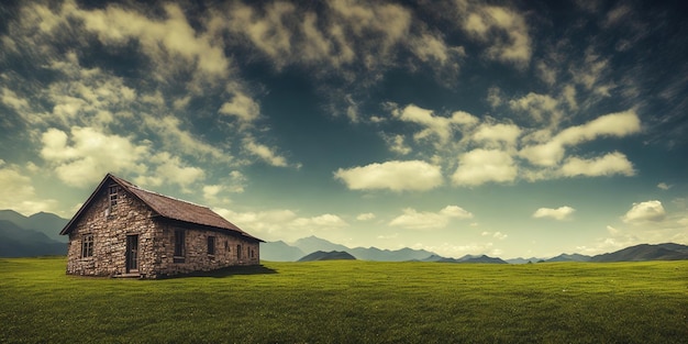 A house in a field with a cloudy sky