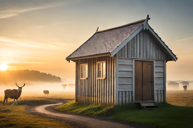 A house in a field with a cow in the background