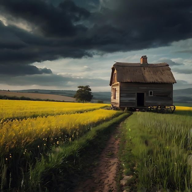 Photo a house in a field with a house on the side of it