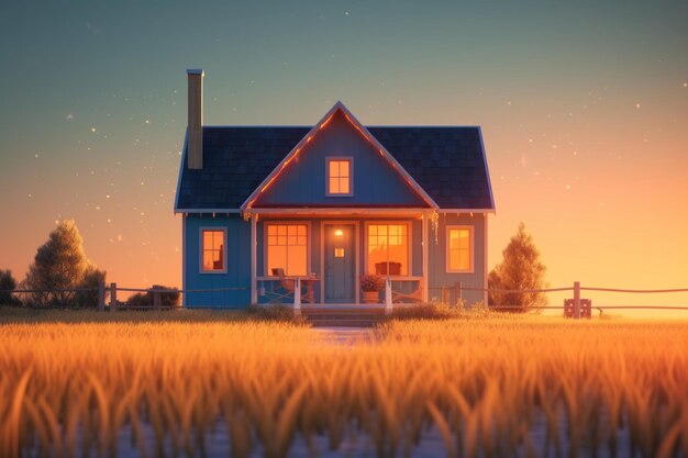 A house in a field with a sunset background