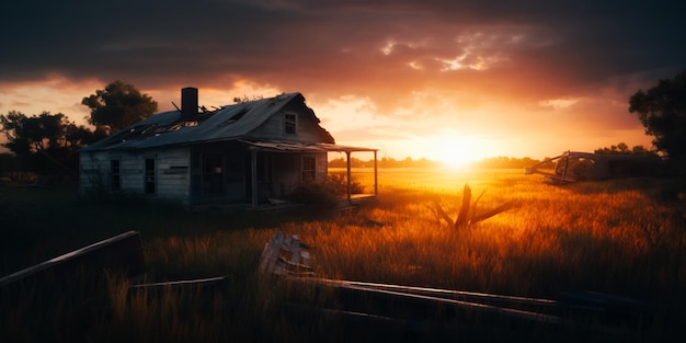 A house in a field with a sunset behind it