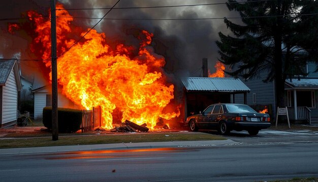 House Fire Emergency with Vehicle in Foreground