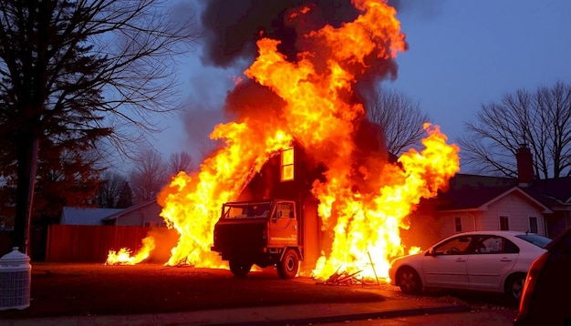 House Fire Emergency with Vehicle in Foreground