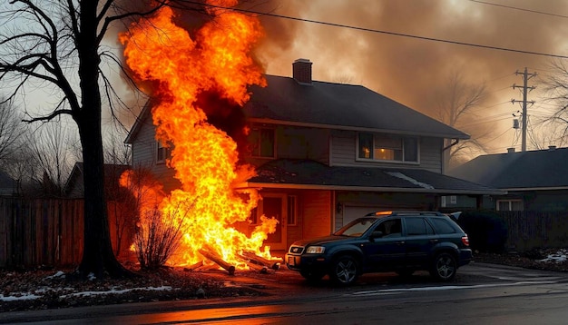 House Fire Emergency with Vehicle in Foreground