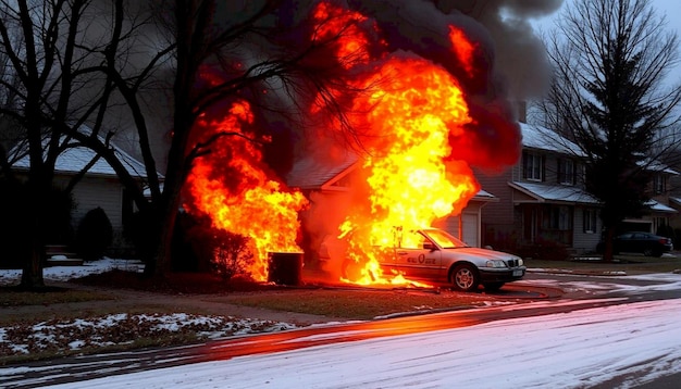 Photo house fire emergency with vehicle in foreground