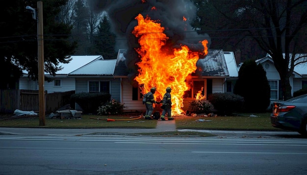 Photo house fire emergency with vehicle in foreground