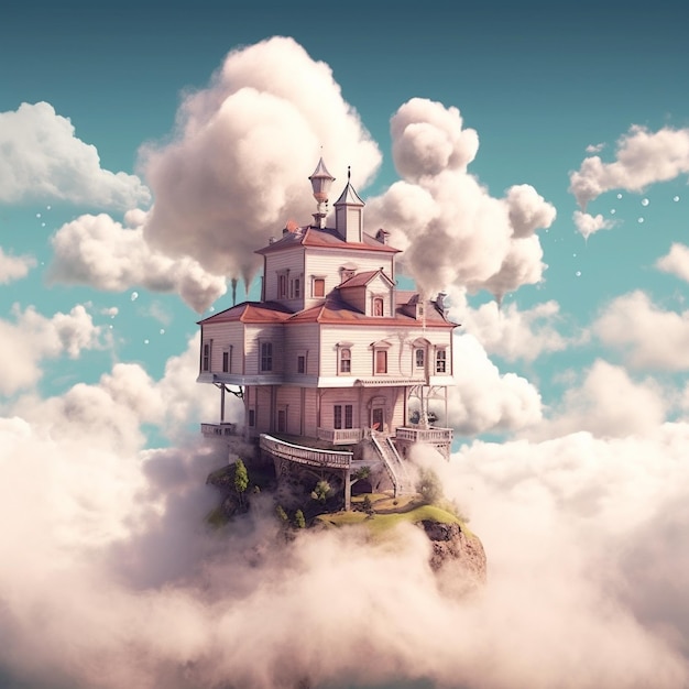 Photo house floating on cloud with blue sky background