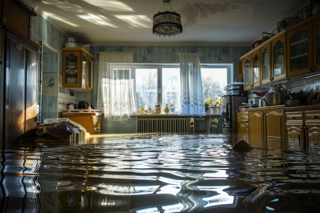 a house flooded by a severe storm or flash flood with water levels reaching the windows or even higher