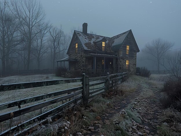 a house in the fog with a fence that says  the house