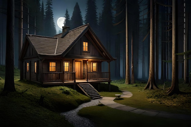 A house in a forest with a full moon in the background