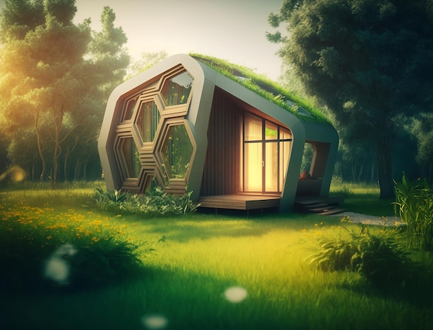 A house in the forest with a green roof and a green roof.