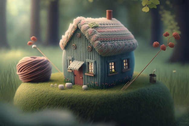 A house in the forest with a knitted roof