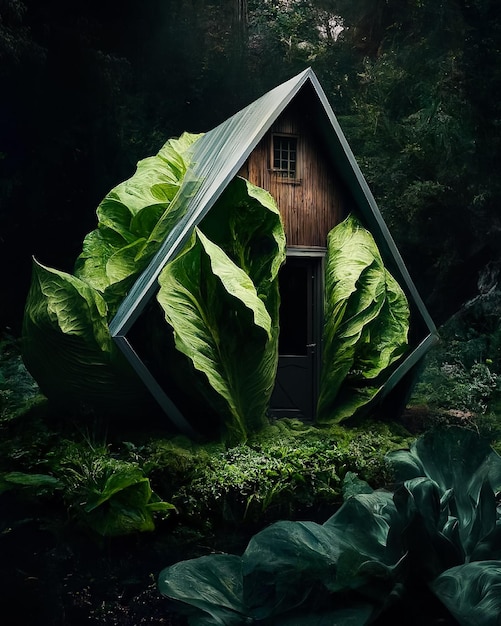 A house in the forest with a leafy green roof.