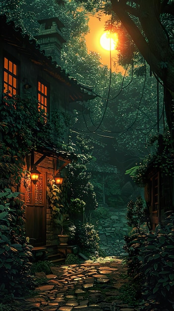 a house in the forest with a light on the roof