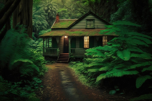 A house in the forest with the light on