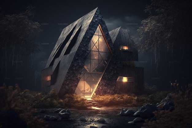 A house in the forest with lighting ai generated artwork