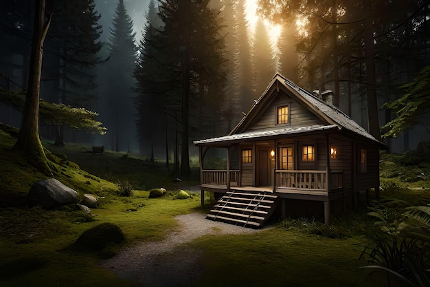 A house in a forest with the lights on