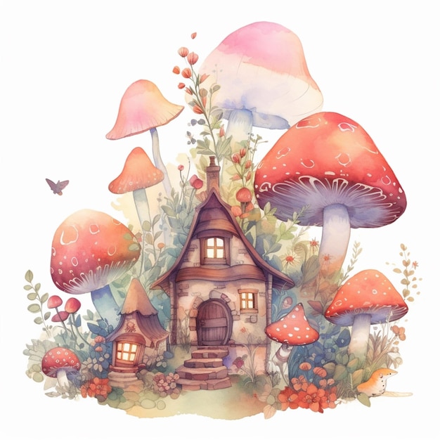 A house in the forest with mushrooms and butterflies