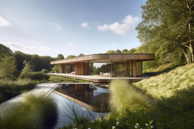 A house in the forest with a pond in the foreground