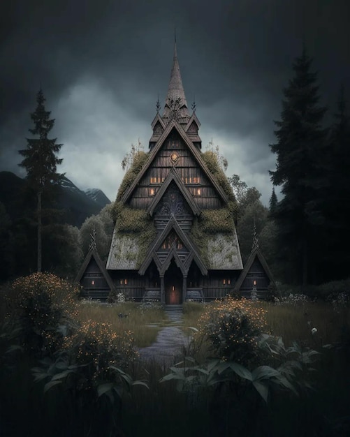 A house in a forest with a steeple and a steeple.