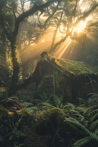 Photo a house in the forest with the sun shining through the trees