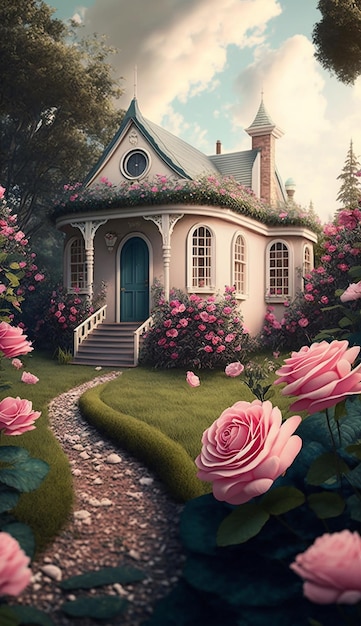 A house in the garden with roses