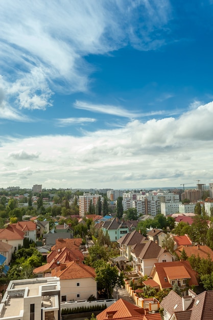 House on the ground and high-rise buildings against the blue sky