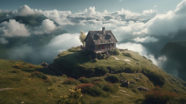 A house on a hill in the clouds