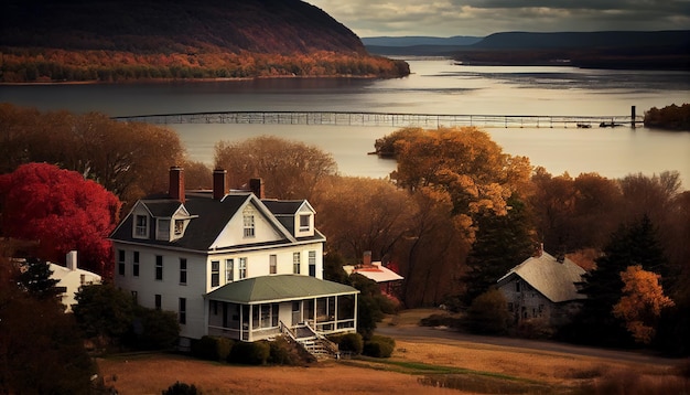 A house on a hill with a bridge in the background